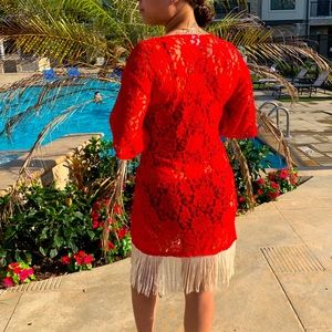 LuLaRoe Monroe - Red Lace with Beige Fringe